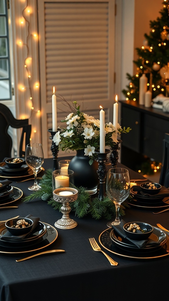Elegant black Christmas table setting with black dinnerware, gold accents, and a floral centerpiece.